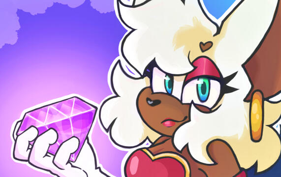 An illustrated picture of Rouge with many artistic liberties on her design. The pink heart on her outfit is red, she has dark skin, a heart shaped nose and eyebrows, red eye shadow, and has big fluffy bangs. She is a holding a glowing purple/pink chaos eme