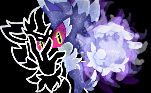 A drawn picture of Mephiles the dark reaching semi-towards the camera over a black background. He is holding his face with his other hand and his entire right half is completely black and blends with the background as he is consumed by it. The side uninhib