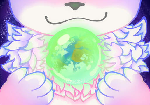 an illustrated picture of chip (who's eyes and lower torso are not visible) hovering his paws around his glowing necklace. It is glowing green and within the sphere the earth is visible. He is smiling.